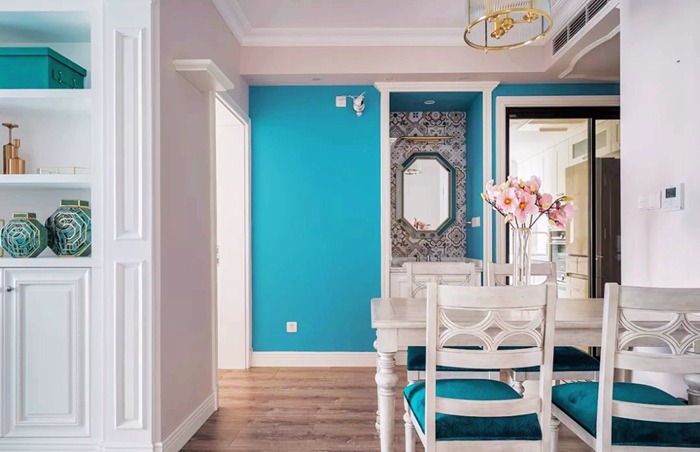 美式风格新房装修设计案例，孔雀蓝打造幸福的家！